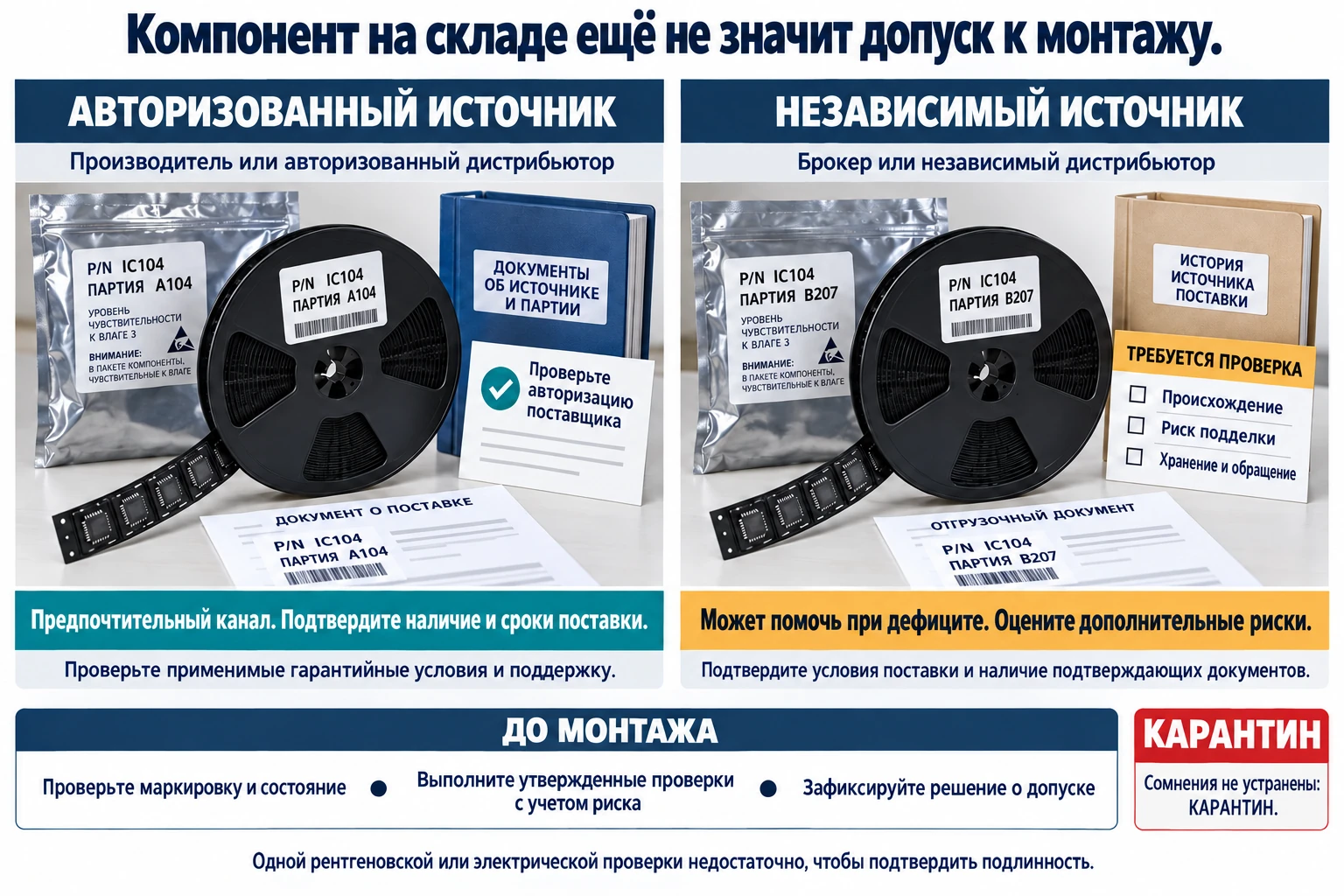 Сравнение закупки компонента IC104 у производителя или авторизованного дистрибьютора с закупкой у брокера или независимого дистрибьютора. Предпочтительный канал требует подтверждения наличия и сроков поставки, а также проверки применимых гарантийных условий и поддержки. Независимый источник может помочь при дефиците, но добавляет риски происхождения, подлинности, хранения и обращения. Перед монтажом проверьте маркировку и состояние компонента, выполните утвержденные проверки с учетом риска и зафиксируйте решение о допуске; при неустраненных сомнениях компонент следует удержать от использования. Одного рентгеновского или электрического теста недостаточно для подтверждения подлинности.