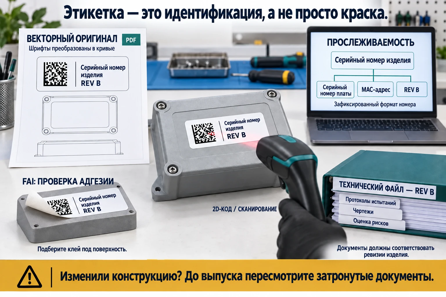 Этикетку размещают на плоском участке корпуса; макет готовят в векторе, шрифты переводят в кривые, 2D-код сканируют. MES связывает серийный номер изделия с номером PCBA, MAC-адресом и ревизией. На образце FAI проверяют адгезию к корпусу; технический файл Rev B подтверждает ревизию изделия. После изменений конструкции проверяют затронутые подтверждающие документы.