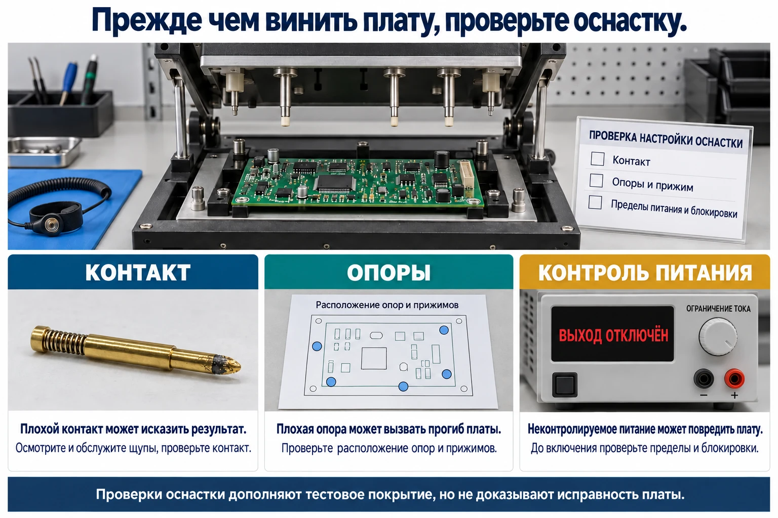 Открытая оснастка ICT с одной платой и поднятой прижимной рамой. Непомеченный список проверки, загрязнённый щуп, расположение опор и прижимов, блок питания с отключённым выходом и ограничением тока. Проверка оснастки дополняет тестовое покрытие, но не подтверждает исправность платы.