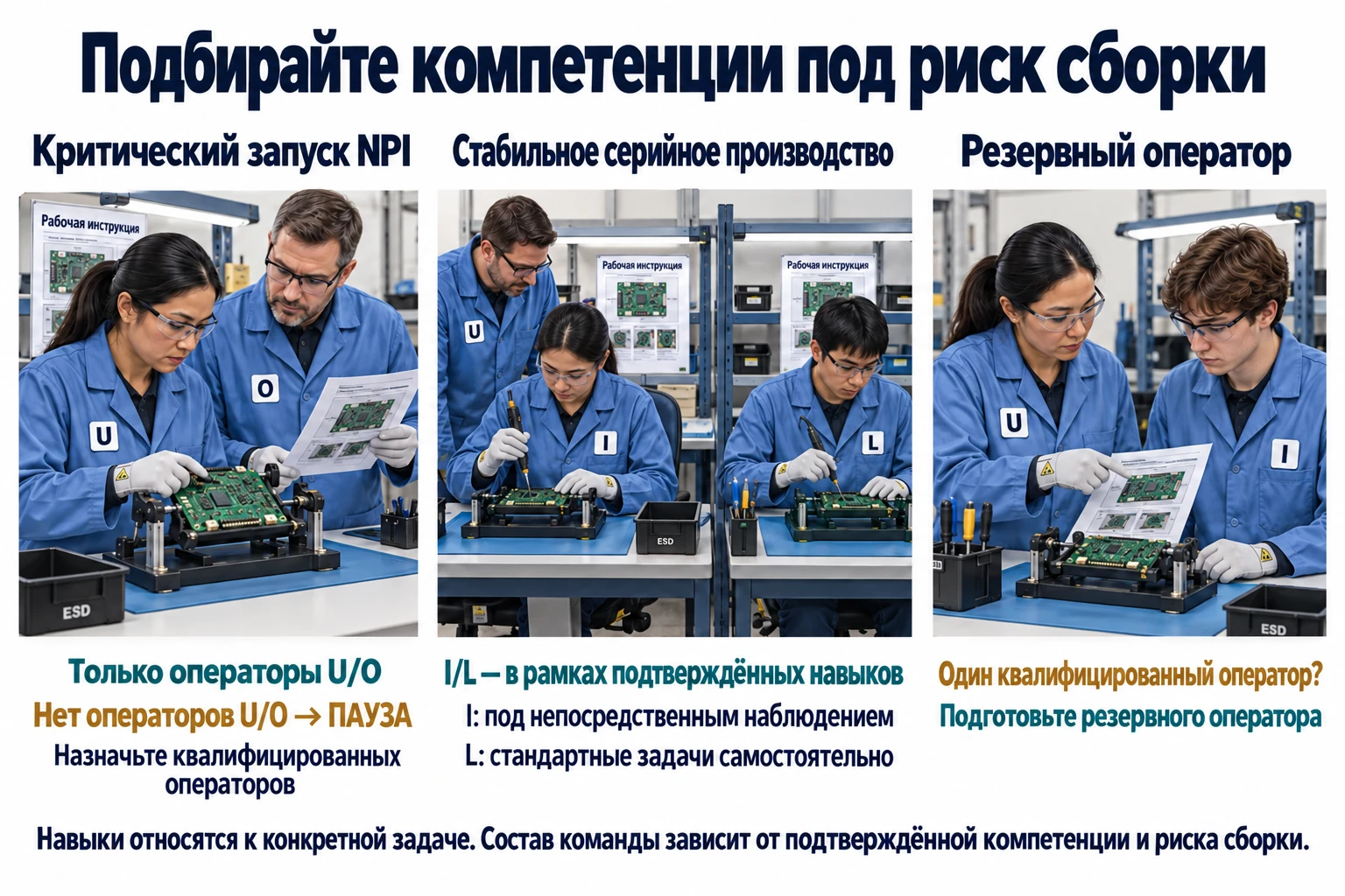 Для критического запуска NPI требуется покрытие компетенциями U/O; если квалифицированных операторов нет, назначение приостанавливают. В стабильном серийном производстве операторы I/L работают только в подтверждённой области навыков: I — под непосредственным наблюдением, L — самостоятельно на стандартных задачах. Перекрёстное обучение готовит резерв для критической станции.