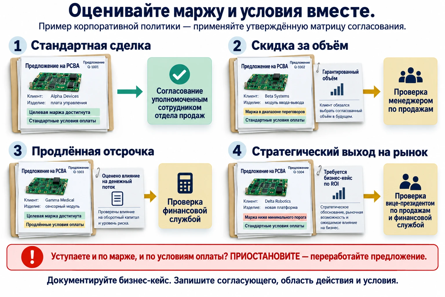 Четыре примера котировки направляются на разные уровни согласования в зависимости от маржи, объёма и условий оплаты: стандартная сделка, скидка за объём, продлённая отсрочка и стратегический вход ниже минимальной маржи. Одновременная уступка по марже и оплате требует остановить и переработать предложение.