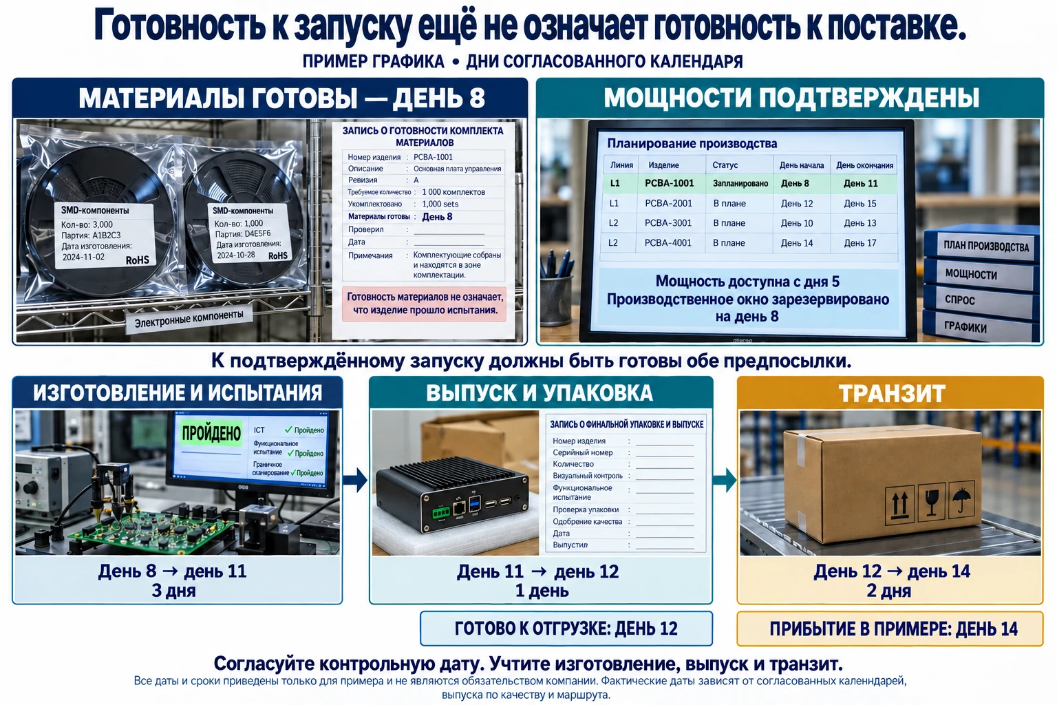 В примере материалы готовы в день 8, а подтвержденное производственное окно доступно в день 8 при наличии мощности с дня 5. После трёх дней изготовления и испытаний, дня на выпуск и упаковку и двух дней транзита отгрузка готова в день 12, а иллюстративное прибытие приходится на день 14.