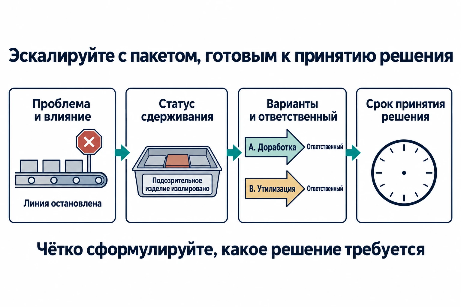 Пакет экстренной эскалации связывает описание проблемы и её влияние со статусом сдерживания, вариантами решения с ответственными и сроком принятия решения.