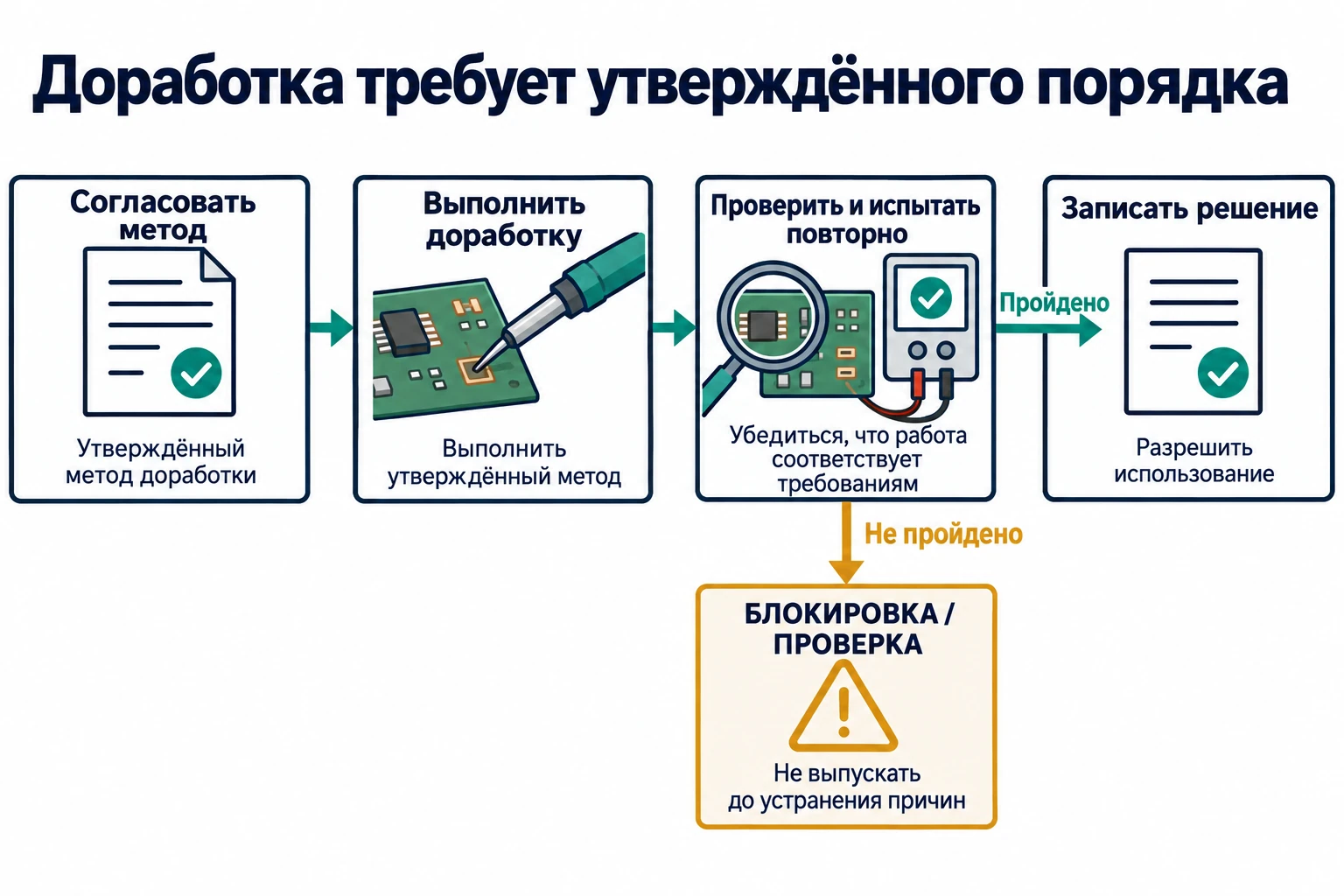 Схема доработки: согласование метода → выполнение → проверка и повторное испытание. При успешном результате записывают решение и разрешают выпуск; при неуспешном изделие блокируют для проверки.