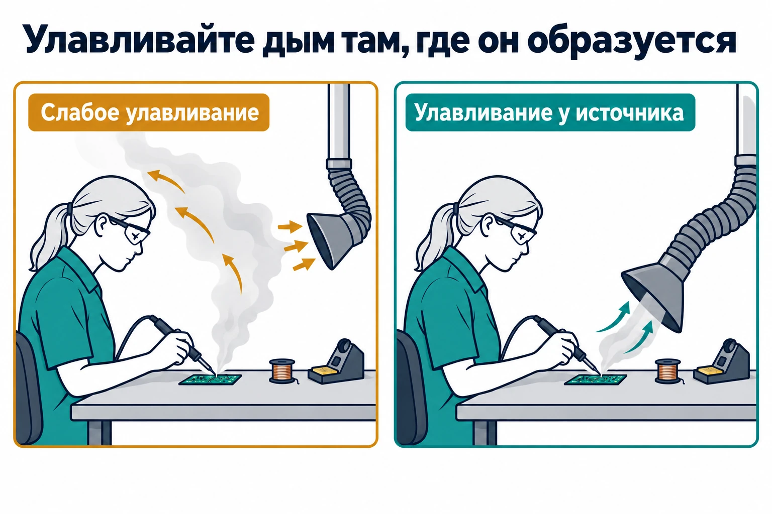 Сравнение двух вариантов: при слабом улавливании дым проходит мимо вытяжки, при улавливании у источника поток уходит в зонт рядом с паяным соединением.
