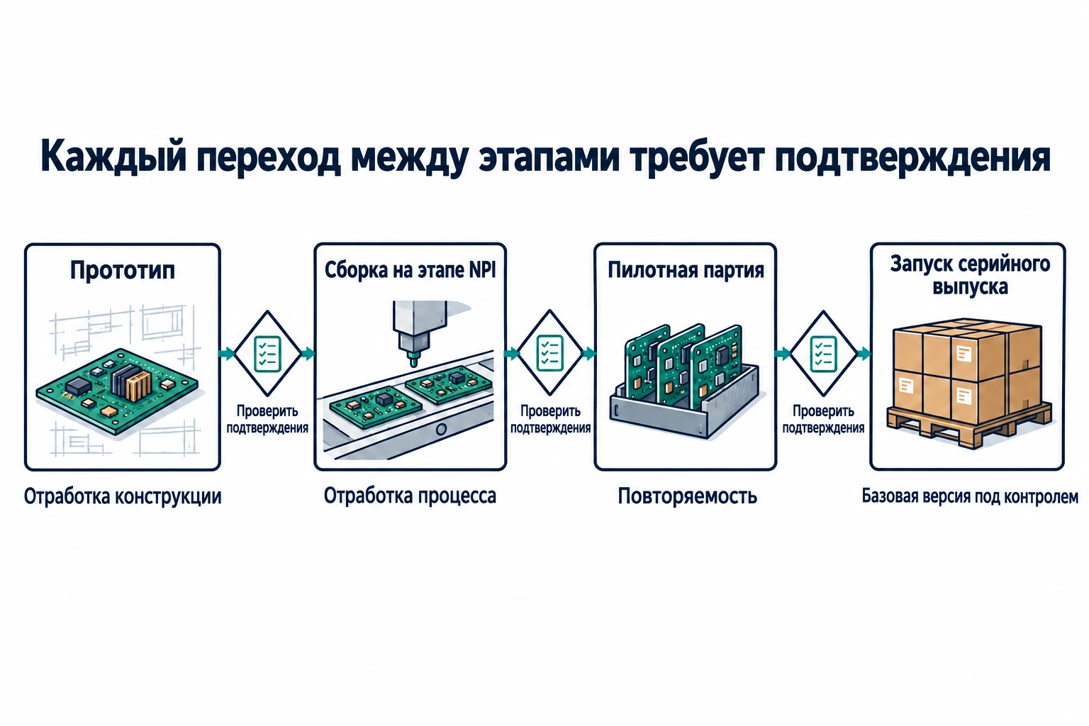 Прототип, сборка на этапе NPI, пилотная партия и серийный выпуск разделены контрольными точками проверки готовности; задачи переходят от изучения конструкции к устойчивому управляемому процессу.